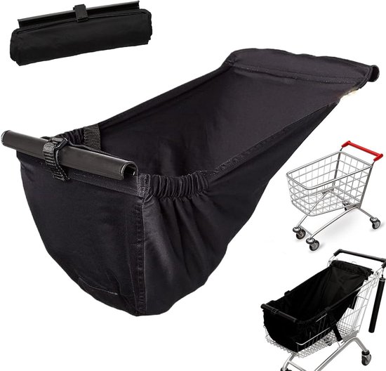 Zwart babyhangmatje voor winkelwagens, 60 x 30 cm, opvouwbaar, met verkleinde afbeeldingen van winkelwagens.