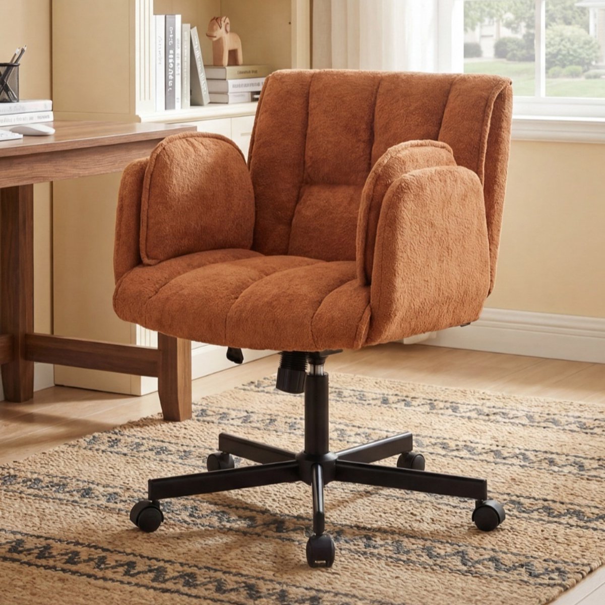 Ergonomische Bureaustoel - Fauteuilstoel - Opklapbare Armleuningen - Brede Verdikte Zitting - Verstelbare Opblaasbare Lendensteun - 360° Draaibaar met Stille Wielen - Computerstoel/Studeerstoel/Make-upstoel-Oranje