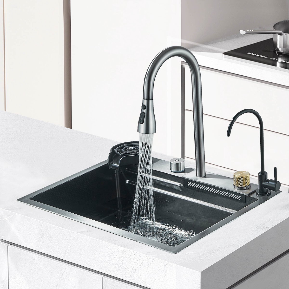 Grijze Keukenspoelbak Multifunctionele 60x46cm met Complete Accessoire Set - RVS, Met Uittrekbare Kraan, Drinkwaterkraan, Glazenspoeler en Snijplank