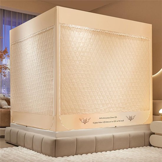 Bedtent 2025 Nieuw Winter Verdikt Warm Ademend Afneembaar Privacy Bedtent Luifel Lichtreductie Slapen Droomtenten Binnen Draagbaar Grote ruimte met 3 deuren(Beige,150x200cm/Full) — afbeelding 2