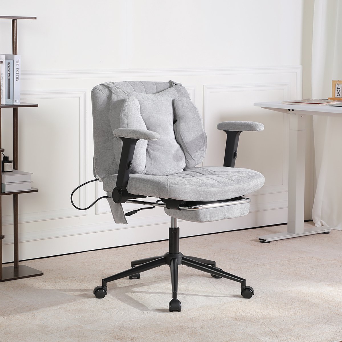 Ergonomische Bureaustoel - Fauteuilstoel - Brede Verdikte Zitting met Voetsteun - Verstelbare Opblaasbare Lendensteun - In Hoogte Verstelbare Armleuningen - Verstelbare Rugleuning - 360° Draaibaar met Stille Wielen - Stoel voor Studeerkamer-Grijs
