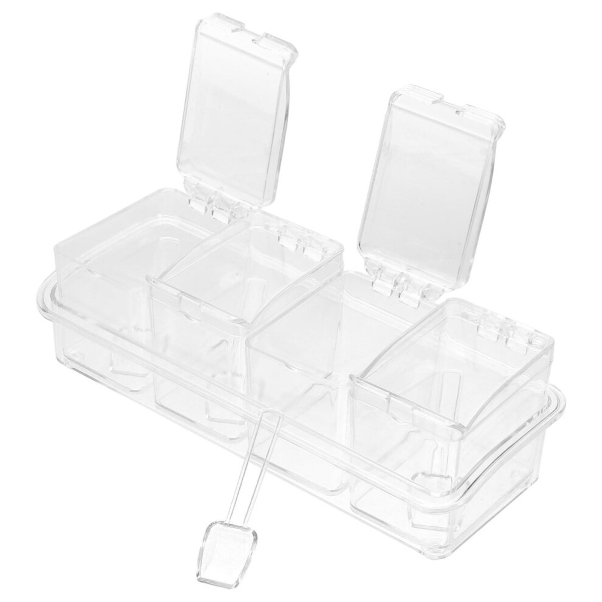 Kruidenpotje van transparant plastic met vier compartimenten, inclusief lepel.