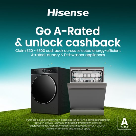 Hisense advertentie met een zwarte wasmachine en een grijze vaatwasser, A-label.