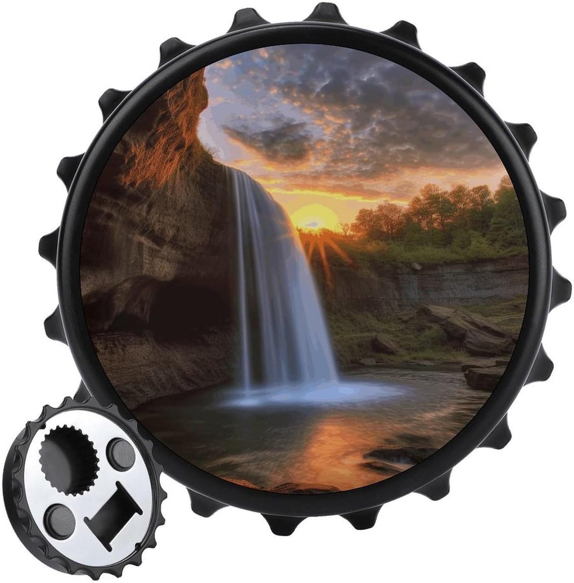 Veelzijdige flesopener en onderzettermagneet, waterval bij zonsondergang print compacte fl