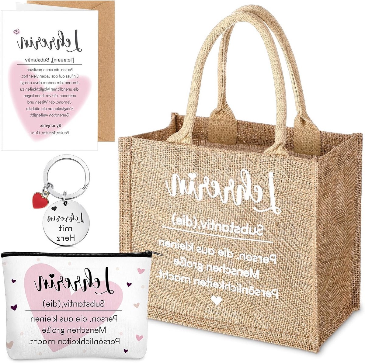 Bedankgeschenken voor leraren en opvoeders, inclusief jute tas, canvas toilettas, sleutelhanger en bedankkaart voor afscheid en verjaardag