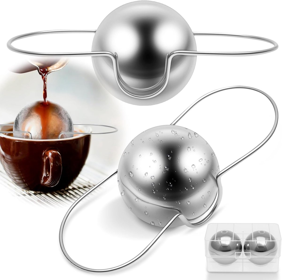 Espresso ijsbal, 2 stuks, roestvrijstalen filterkoffie, ijsbal met standaard, herbruikbaar, snel koelend, behoudt rijke smaak, zilverkleurig | Cyslmuk®