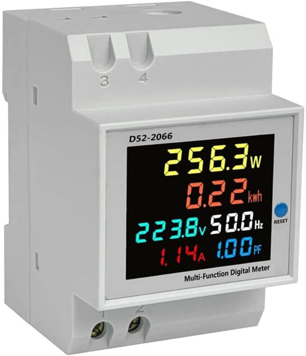 Multifunctioneel DIN-rail meetinstrument D52-2066, met kleuren-lcd-display, weergave van spanning, actief vermogen, frequentie en elektrische energie (40-300V wisselstroom).