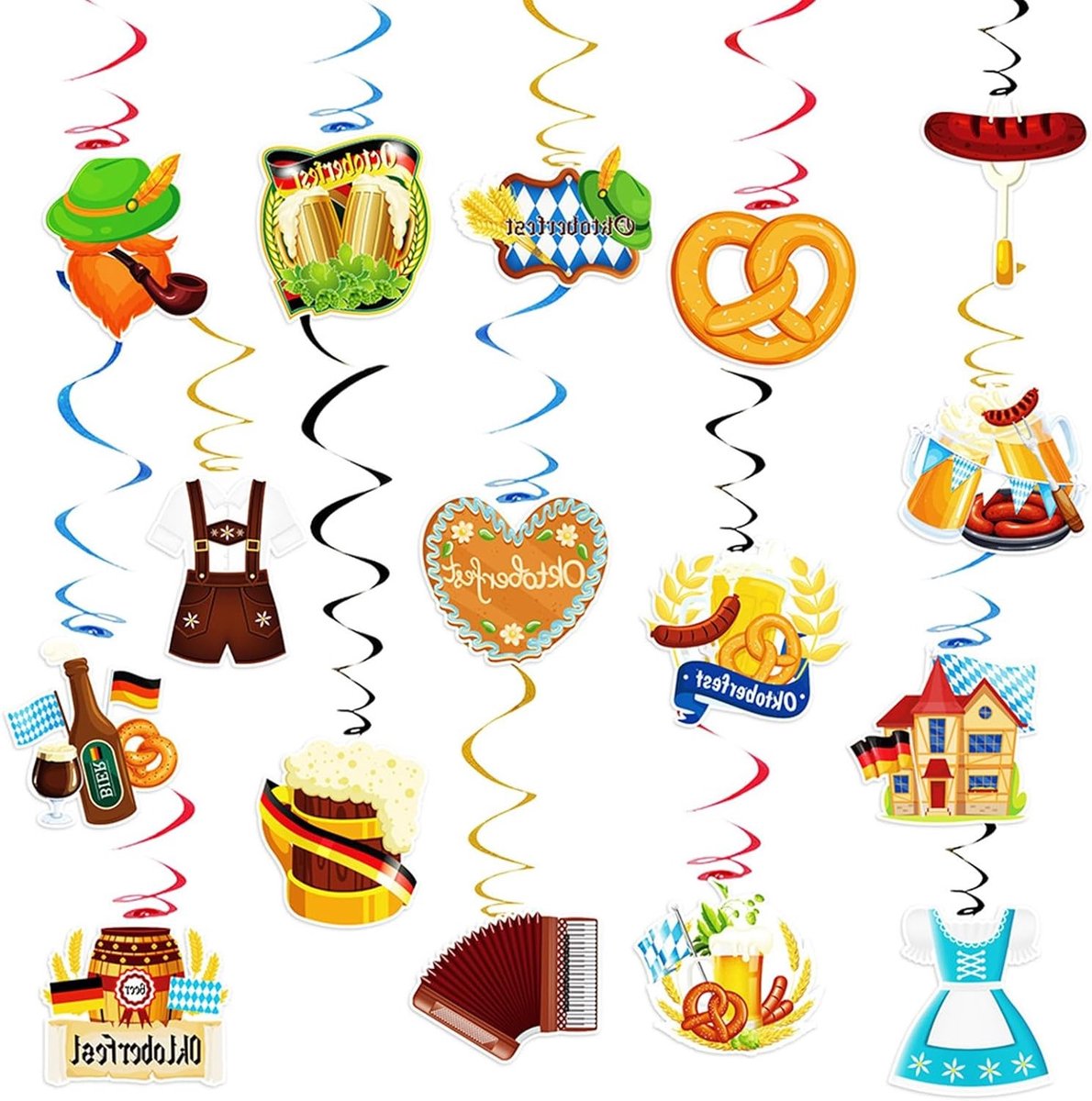 Oktoberfest Decoratieset van 32 Stukken met Blauwe en Witte Spiralen en Plafondhangertjes voor Feestjes, Traditionele Beierse Versiering voor een Sfeervolle Oktoberfestervaring
