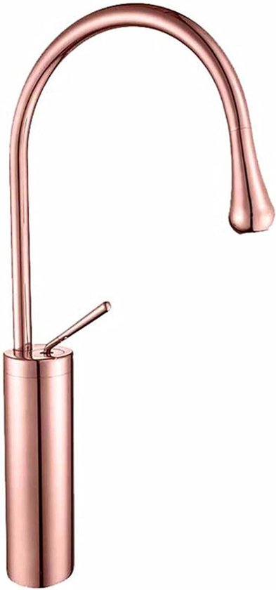 Roségouden keukenkraan met gebogen, flexibele uitloop en hendel.