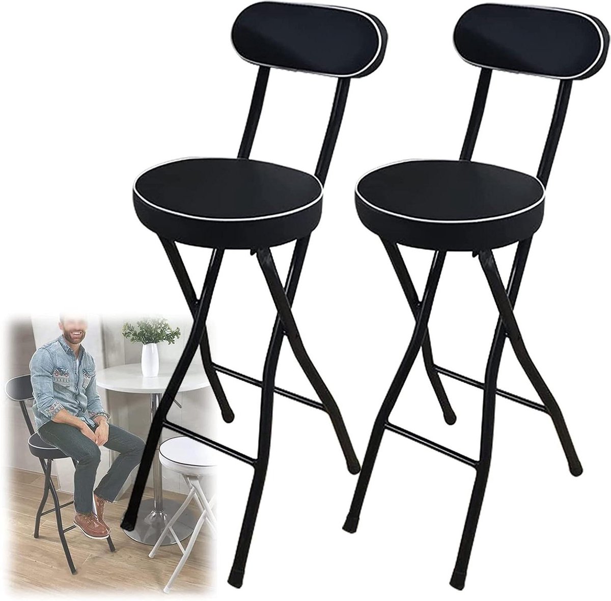 Barkruk Set - Hoge Krukken - Keuken Ontbijt - Inklapbaar met Rugleuning - 60 cm - Zwart