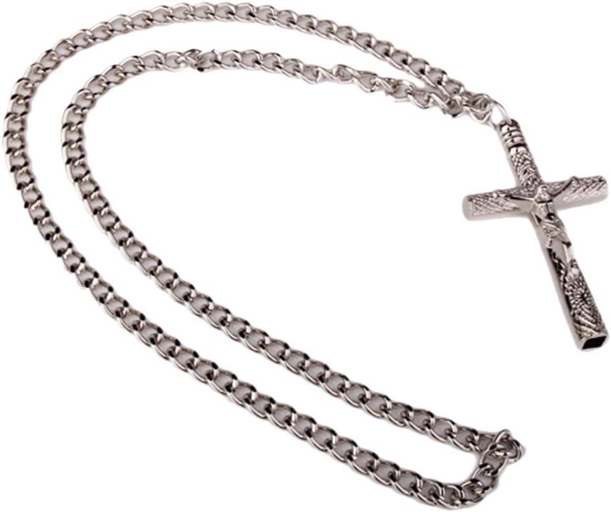 Kruisbeeld Ketting - Jezus Hanger - Muziek Liefde Tonen - Met Gravering - 7.5 cm Kruis - Zilver