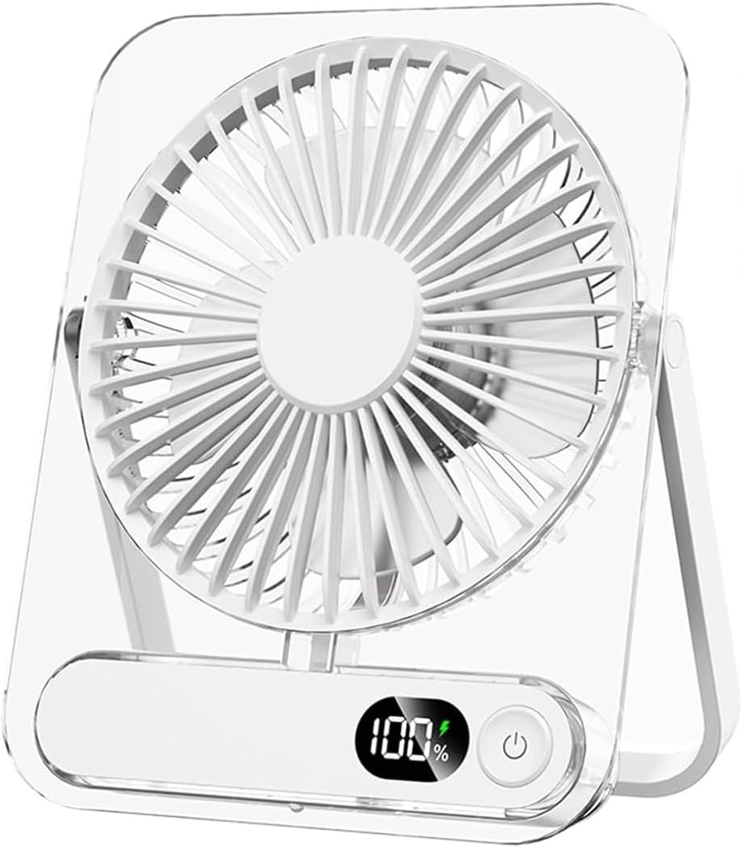 Draagbare USB-bureauventilator, oplaadbaar, 5 snelheden, ultrastil, LED-display, 180° verstelbare kantelhoek, mini-bureauventilator.