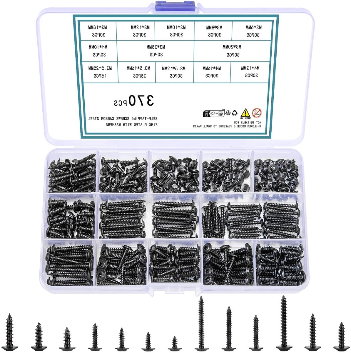 Assortiment van 370 Stuks Zelftappende Schroeven, Kruiskop en Platte Kop voor Hout, Kunststof en Metaal - M3, M3.5, M4, Zwart, Koolstofstaal
