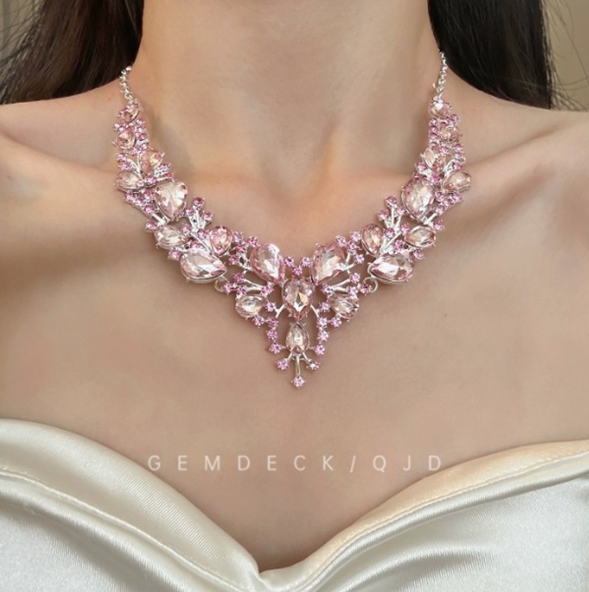 Druppelvormige kwastjesketting / Roze strass ketting / Accessoire voor avondjurken / Exquisite en stijlvolle ketting / Accessoire