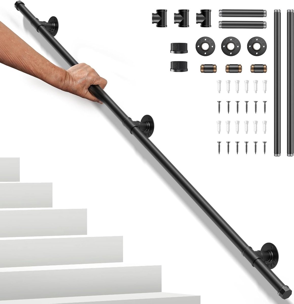 2-delige 1.5m metalen leuning voor wandmontage, ideaal voor trappen, veilig voor kinderen, ouderen en mensen met een beperking