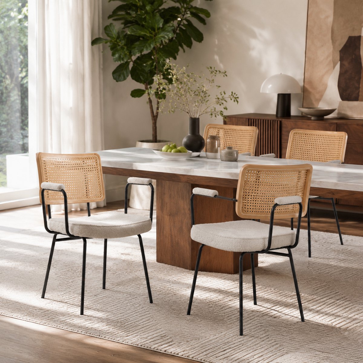 Welltin Eetkamerstoelen Set Van 2 - Eetkamerstoel - Eetkamerstoelen - Gewatteerde zitting - Massief houten frame - Met armleuningenl - Chenille - Metalen stoelpoten - Modern Design - ivoorkleurig Ivoorwit