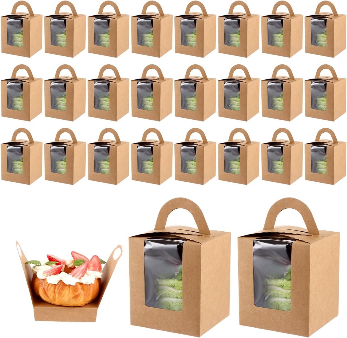100 Stuks Cupcake Dozen met Venster en Handvat, Ideaal voor Verjaardagen, Feestdagen en Cadeaus, Inclusief Cupcake Inleggers en Bruine Dozen