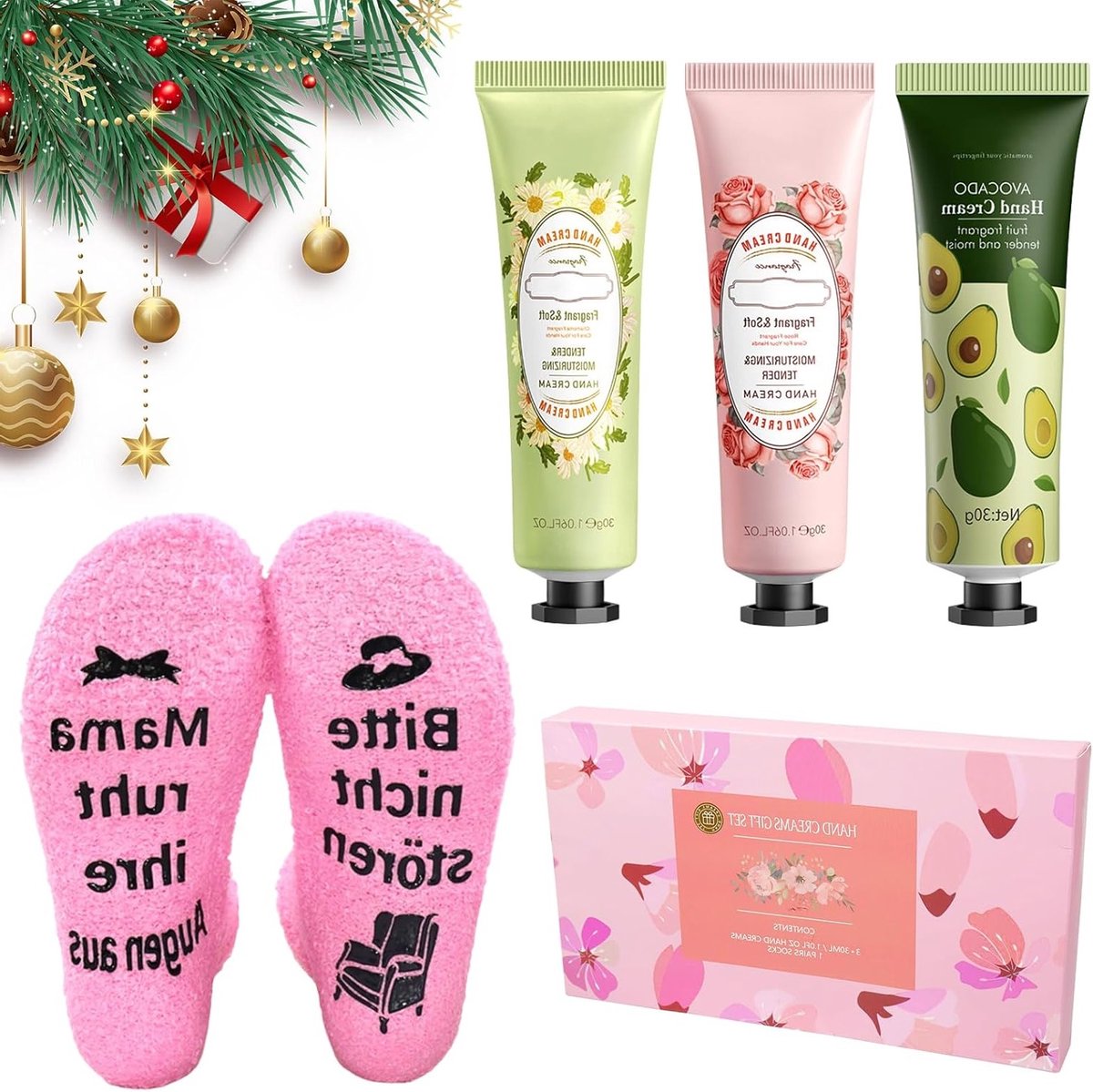 Verwen jezelf of een geliefde met een luxe cadeau set voor vrouwen, inclusief 3 handcrèmes en een paar sokken, perfect voor Moederdag, Kerst en verjaardagen.