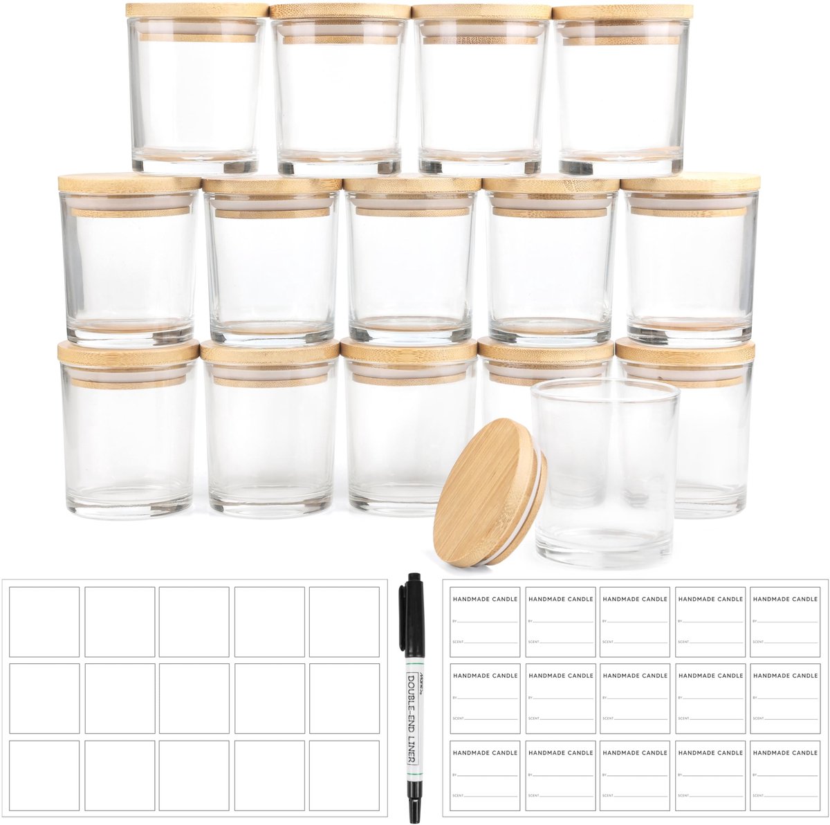 MTTproducts- Kaarsenpot 170 ml - Glazen Potten met Houten Deksels - Set van 15 - Lege Kaarsenpotten voor DIY - Inclusief Labels en Pen - Perfect voor Creaties - Glazen Pot