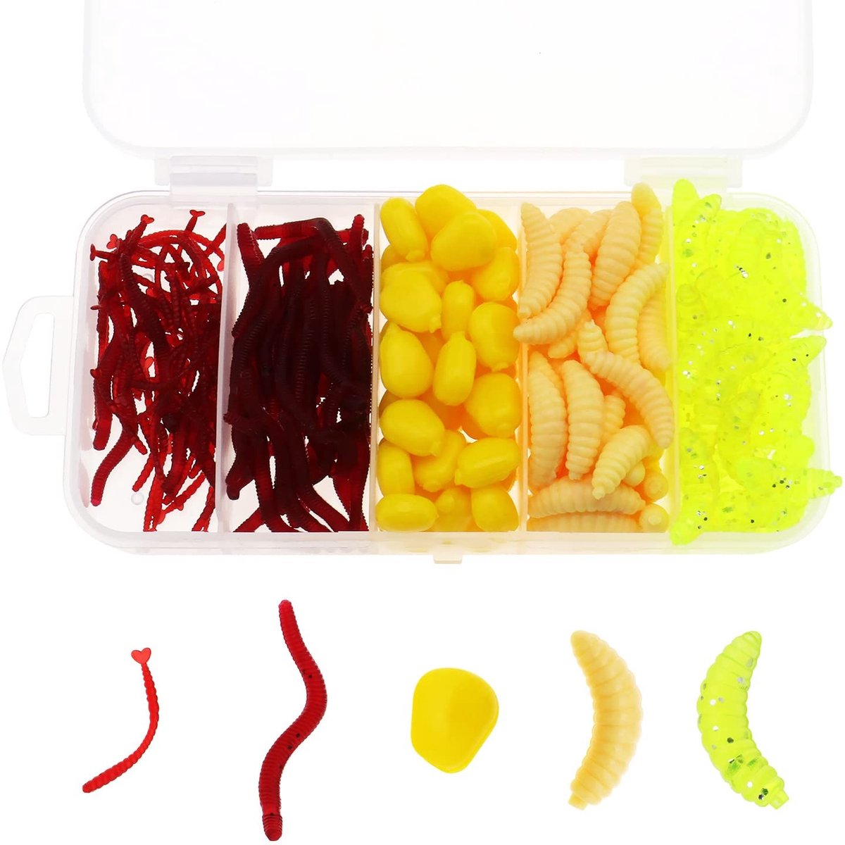 MTTproducts- Kunstmaden 250 Stuks - Zacht Kunststof - Regenworm/Mais/Madenvorm - Fluorescerend Rood/Geel/Groen/Wit - Duurzaam Visgereedschap - Aantrekkelijk voor Grote Vissen - Vishaak