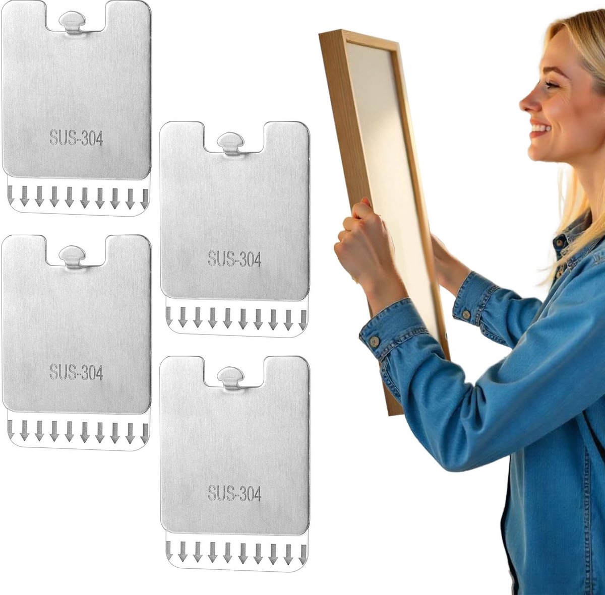 MTTproducts- Fotohaak Set van 4 - Roestvrij Stalen Wandhaken - Zelfklevende Strips - Schadevrij - 5,5 x 4,5 cm - Duurzaam Materiaal - Wandhaak