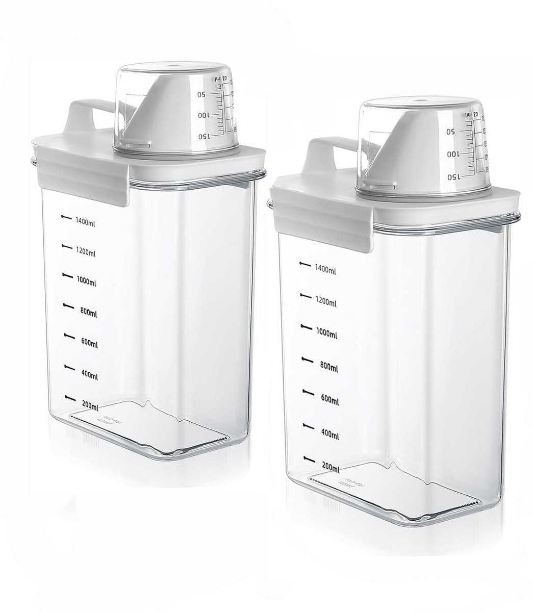 MTTproducts- Waspoederbox 1800 ml - Wasmiddel Bewaarbox - Waspoeder Opbergdoos - Transparant - 2 Stuks - Met Maatbeker - Wasmiddelcontainer