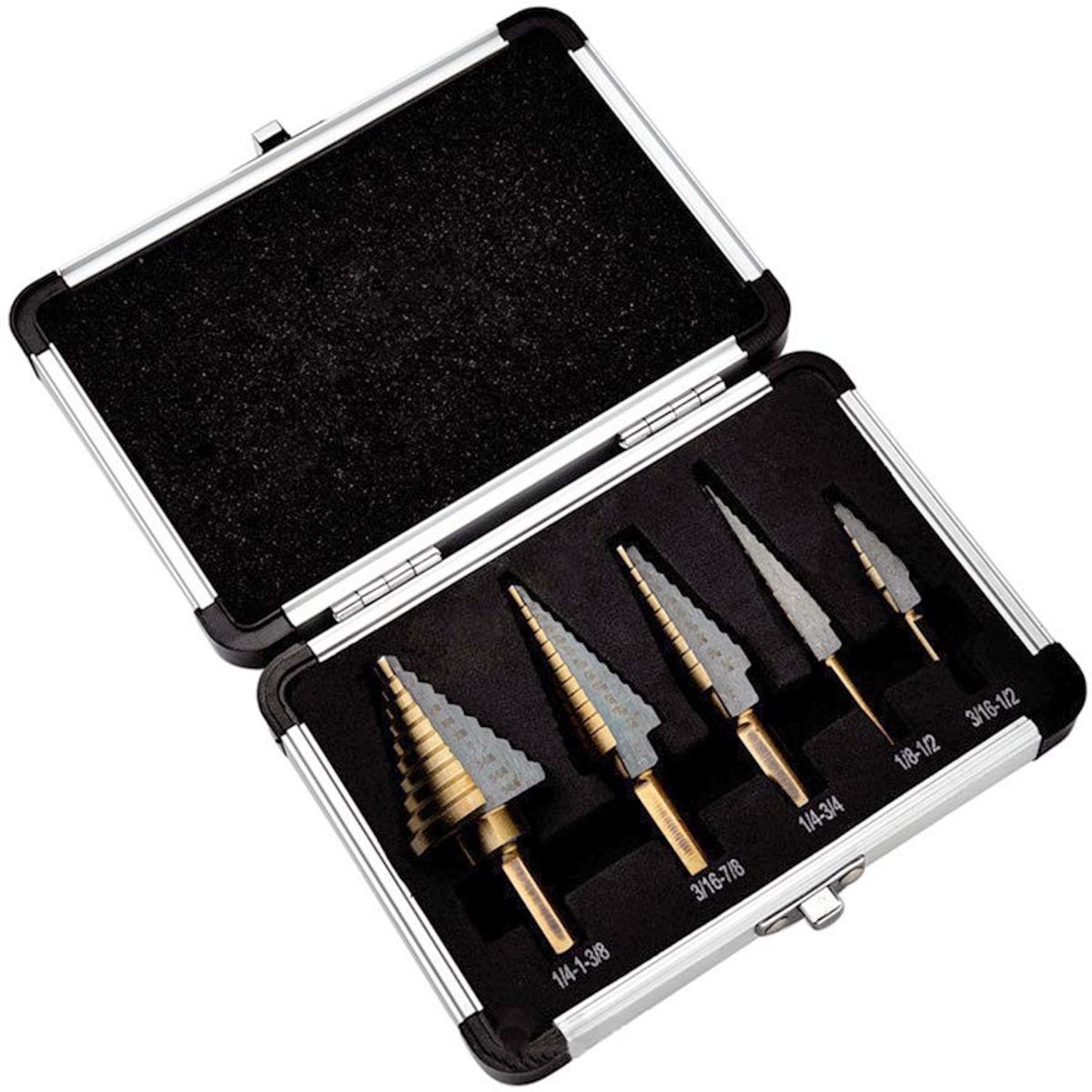 MTTproducts- Stappenboorset 5-Delig - Brits Systeem - Hogesnelheidsstaal 4241 - Titanium Gecoat - Driehoekige Schacht - Multifunctioneel - Boorset