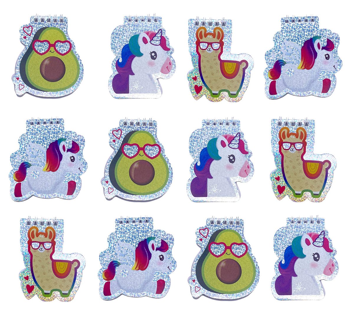 NTH products- Notitieboeken set van 12 - Mini-notitieblokken - Spiraalblokken - Notitieblokken voor kinderen - Handig voor onderweg - Schattig design met glinsterende laserlook - Notebook