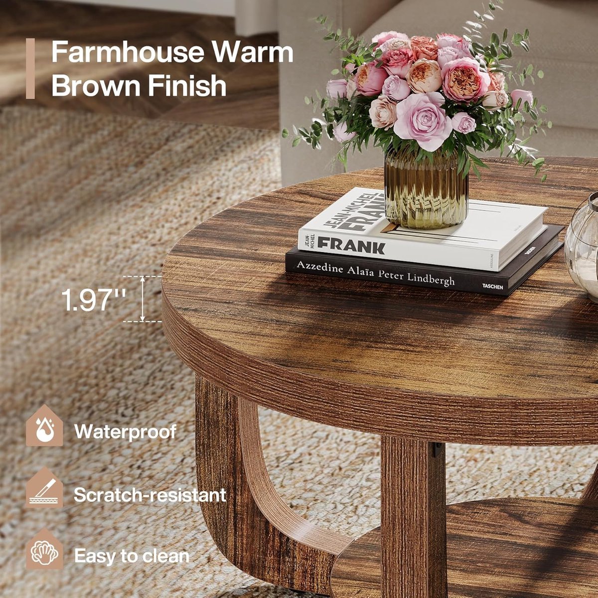 Salontafel rond industrieel 80 cm – House&Garden 2-laags koffietafel met opbergruimte, vintage houtnerf design, rustiek bruin, stabiele woonkamer tafel van spaanplaat voor woonkamer, kantoor en ontvangstruimte