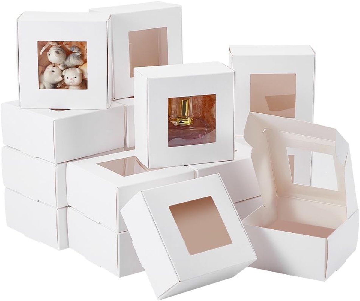 Cosensi- Geschenkdozen met doorzichtig venster - 28 stuks - 6,5 x 6,5 x 3 cm - Kraftpapier - Geschenkverpakking voor dessert/cake/snoep - Verpakkingen