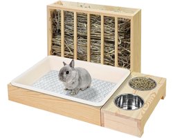 Hooivoederbak Hout - Voerstation Kleine Dieren - Voer Georganiseerd Houden - Natuurlijk Hout Materiaal - 41x29x18 cm - Meerkleurig