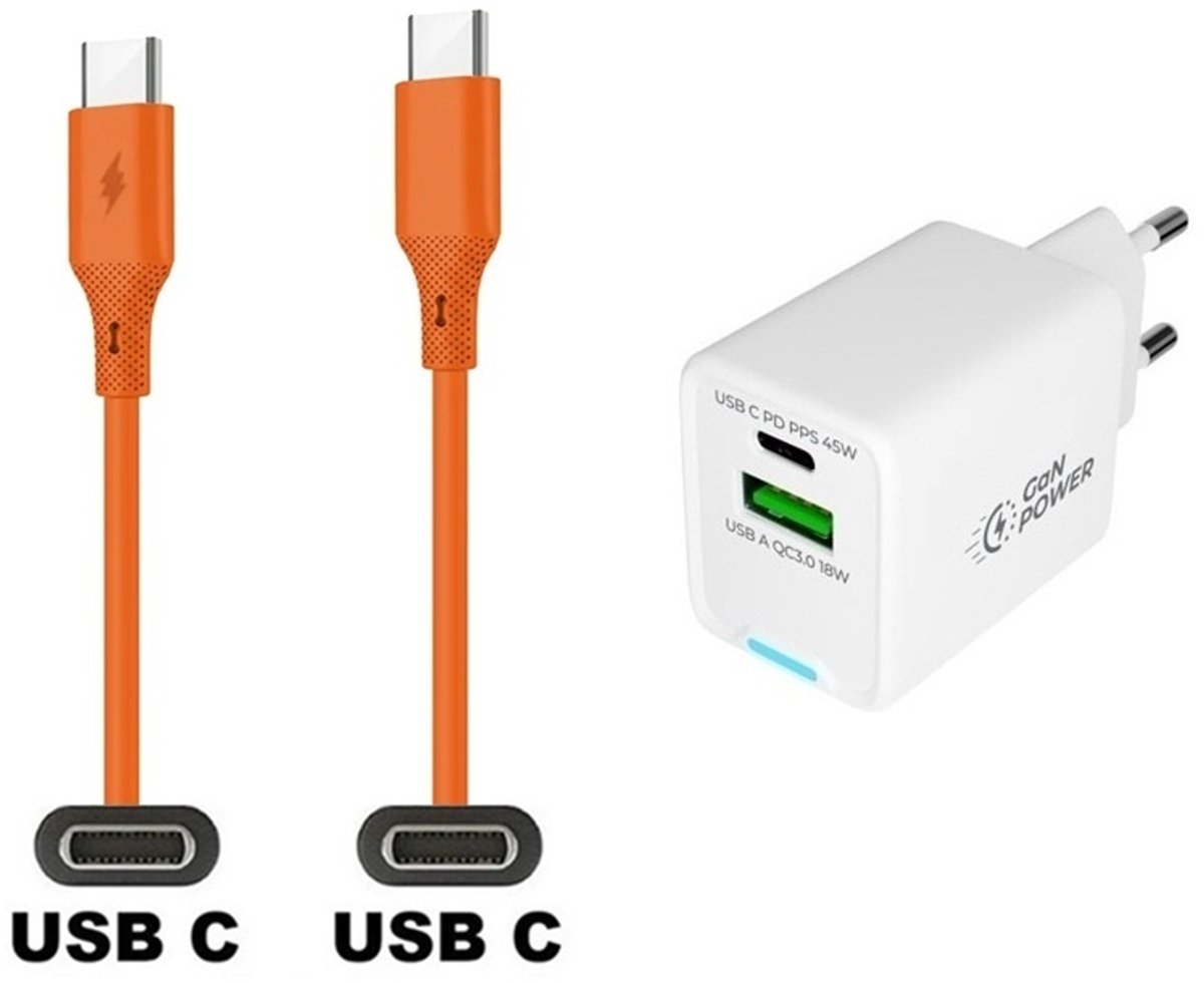 45W super snellader met 2 poorten + 1,0m USB C naar C kabel. Universele PD lader. Oplader adapter past op Samsung Galaxy M21, M30, M40, M54, M55s, M05, F42, M10s, M11, Z, M06, M42, M20, M31s, M32, M32, F05