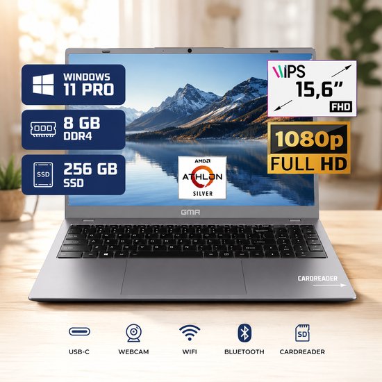 GMR 15,6" Full HD IPS laptop met bergen op het scherm. Met Windows 11 Pro, 8GB DDR4 RAM en 256GB SSD.