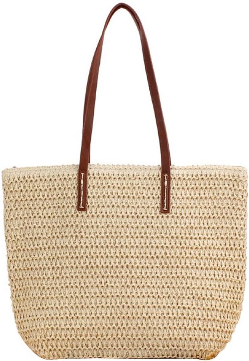 Grote Handgeweven Riet Tas voor Dames - Zomer Strand Schoudertas met Leer