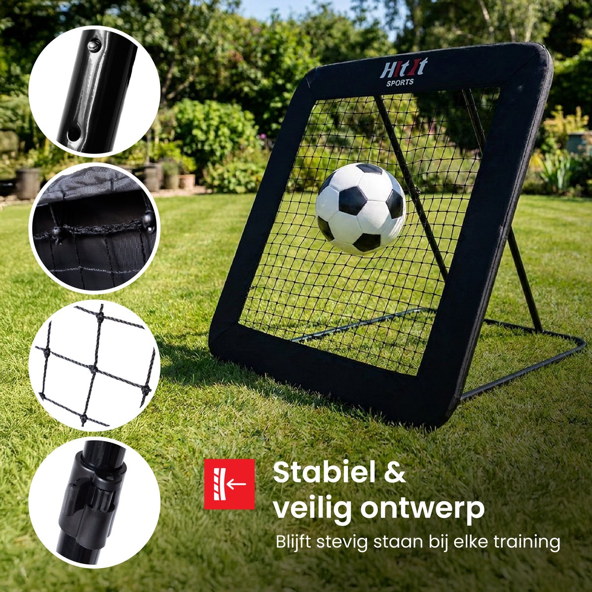 HitIt SPORTS® Rebounder Voetbal - Voetbal Spullen Trainingsmateriaal 124x124cm - Mini Trampoline Kinderen & Volwassenen - Inklapbaar Tennisnet - Volleybal Korfbal - Voetbal Trainingsmateriaal — afbeelding 4
