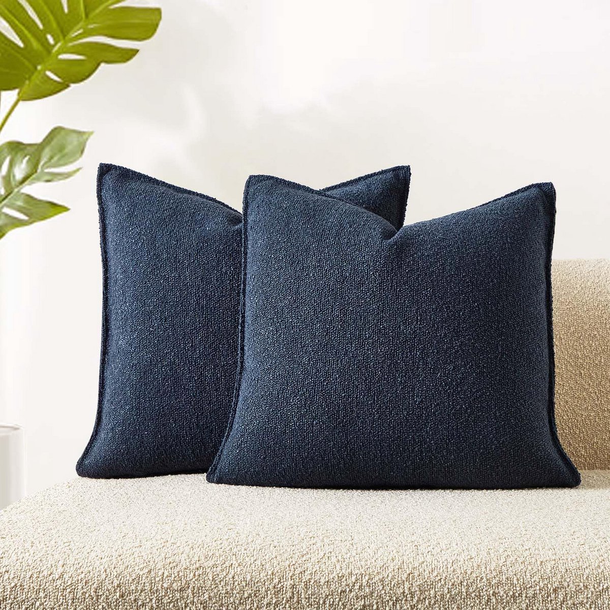 Set van 2 Sierkussenshoezen Navy Bouclé - Dikke Gecroken Textuur - Boho Decoratie voor Woonkamer en Slaapkamer