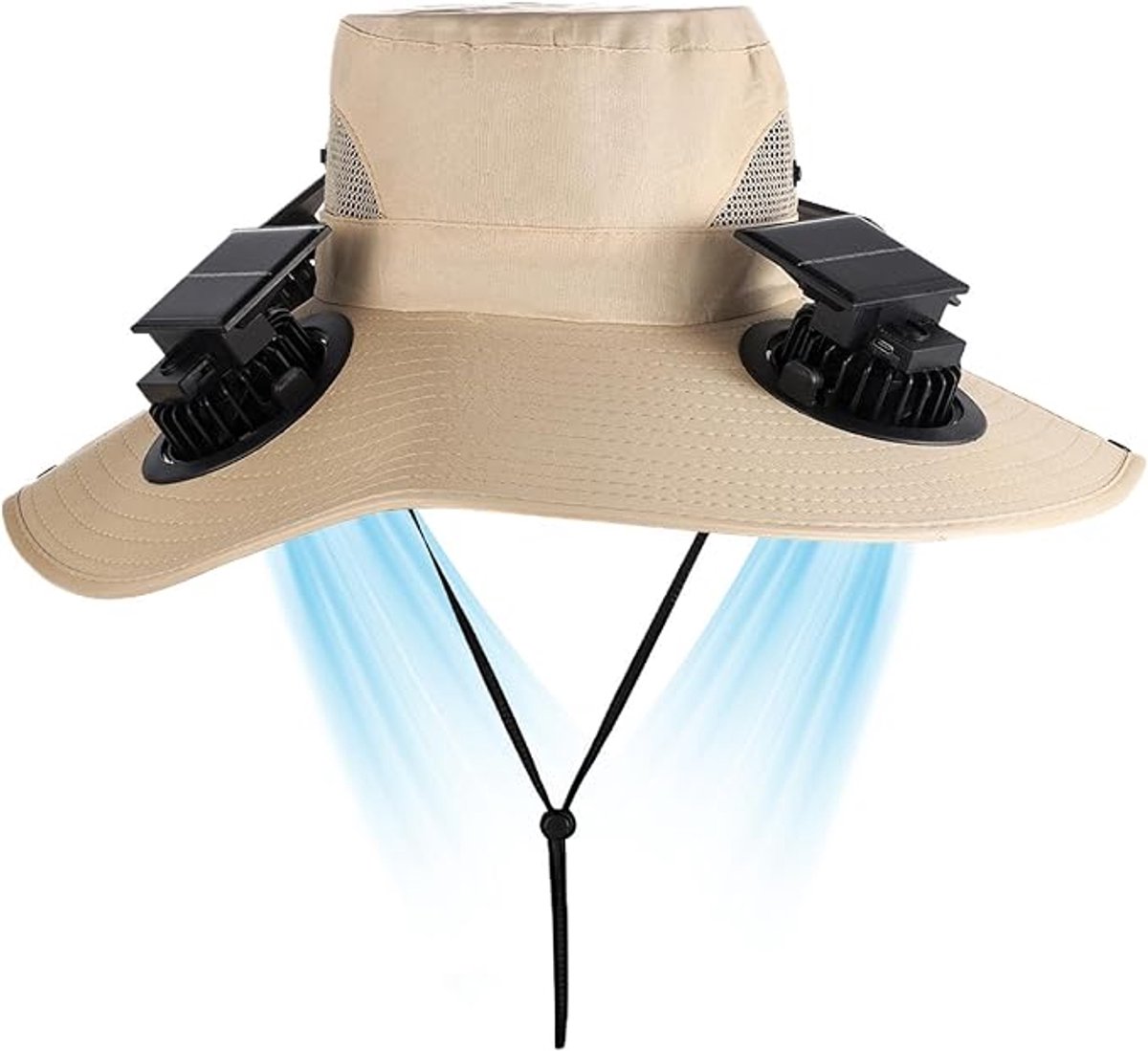 Vissershoedje heren-safarihoed heren-Zonnehoed met ventilator - Uitgerust met 4 ventilatoren - Op zonne-energie werkende, via USB oplaadbare, geventileerde hoed - Geschikt voor vissen, wandelen, kamperen, tuinieren en gazononderhoud -gebroken wit