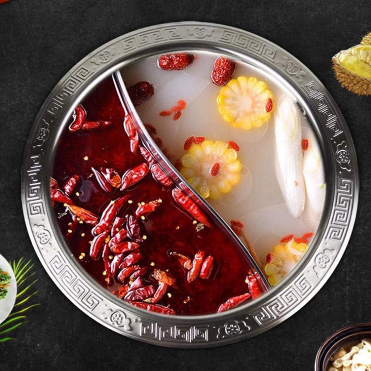 Verdeelde Hot Pot - Chinese Fonduepan - Gezellig Eten - Dubbele Smaak - 28 cm - Zilver
