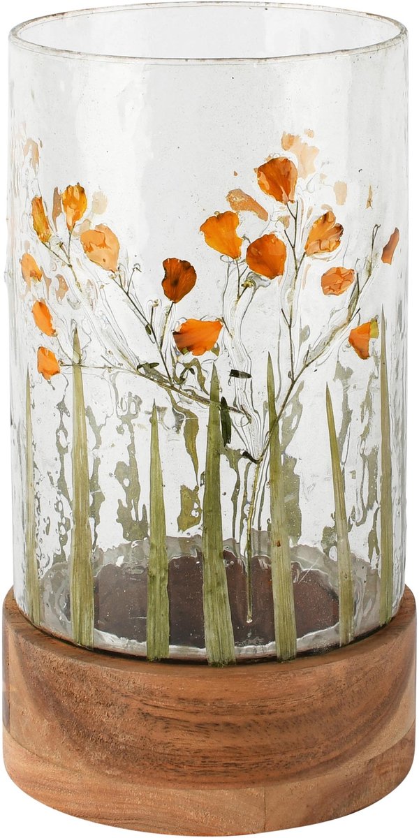 dekoratief Theelichthouder 'Meadow Poppy', glas/hout, 13x13x23cm | A268133 transparant