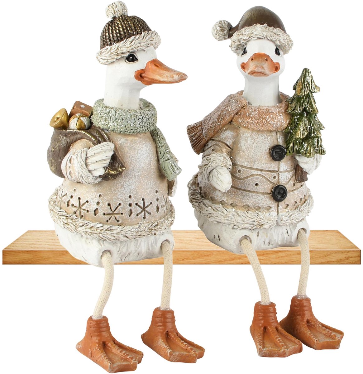 Dekoratief | Eendje m/hangbenen, wit/creme, resina, 8x9x15cm, set van 2 stuks | A265285