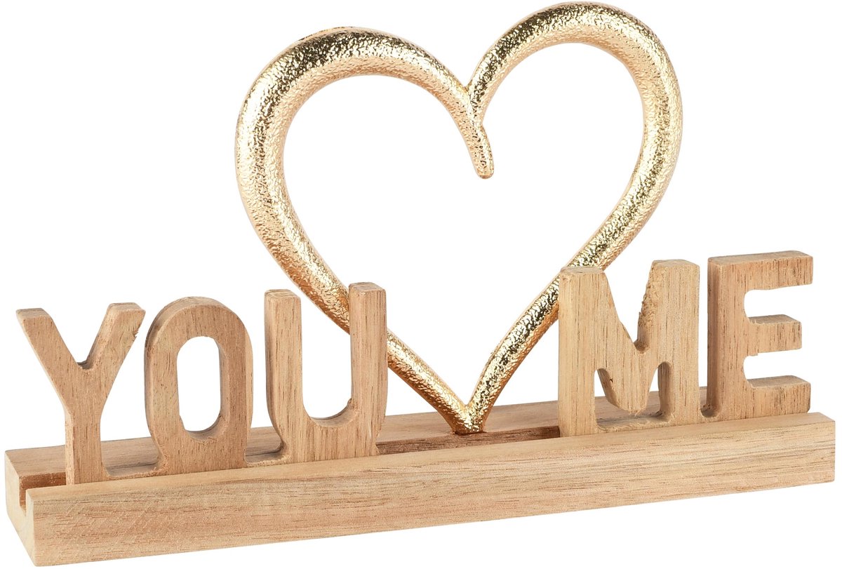 Dekoratief | Deco hart 'You & Me', goud/naturel, hout/metaal, 19x4x13cm | A265200