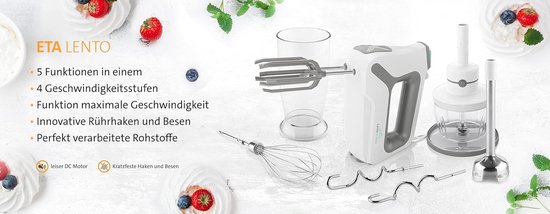 ETA Handmixer Lento met ergonomisch handvat - 4 snelheden, 600 W, wit en grijs — afbeelding 4
