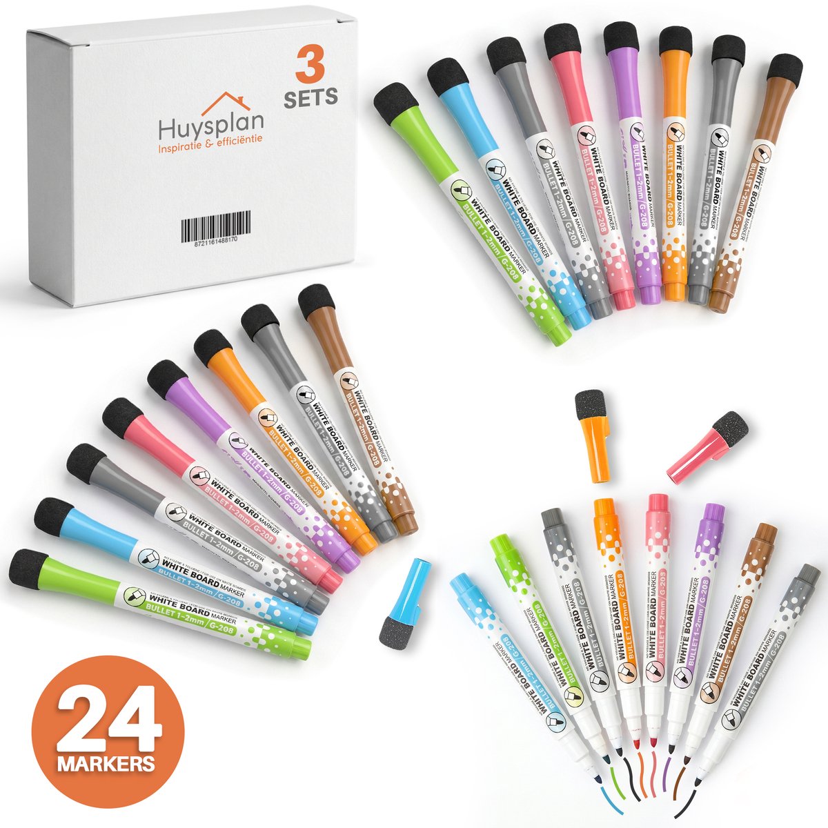 Huys Plan® - 24 x Magnetische Stiften – Met Wisser – 7 Kleuren – Voor Koelkast & Kantoor - Magnetische planners