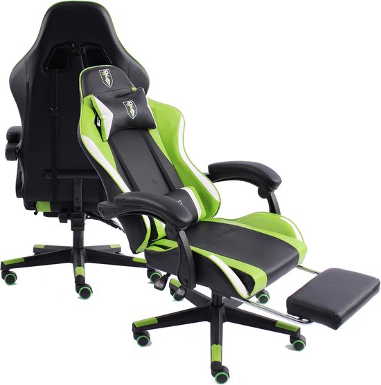 Gamingstoel met voetensteun en steunkussen in zwart met groen en wit — afbeelding 2
