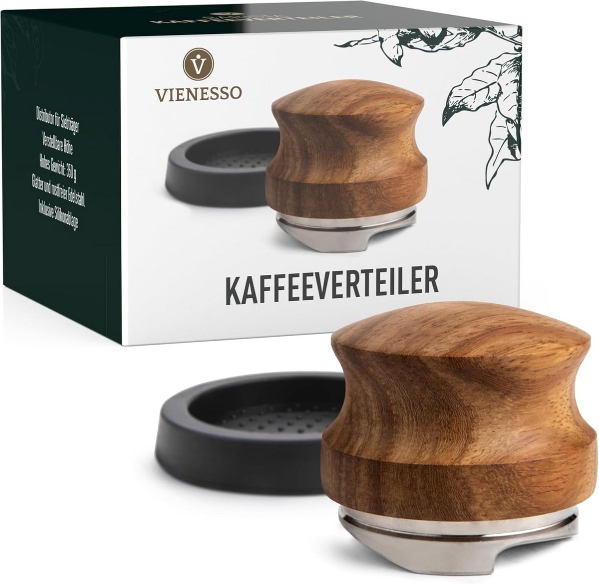 Leveler 51 mm – Height-adjustable espresso puck distributor for sieve carriers, even barista-quality espresso extraction with wooden handle including e-book