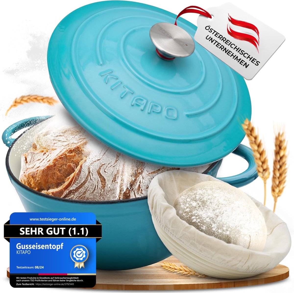 Gietijzeren Pan - Broodpot - Broodbakken Thuis - Inclusief Mand Deegdoek - 24 Cm Diameter - Blauw