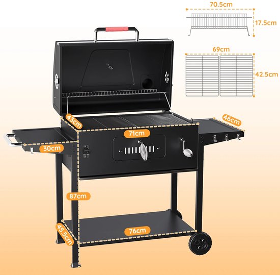 HomeGoodies BBQ - Houtskool barbecue - BBQ kar verrijdbaar - Groot grilloppervlak - 69x42.5 cm - thermometer - zijtafels - Zwart van homegoodies — afbeelding 5