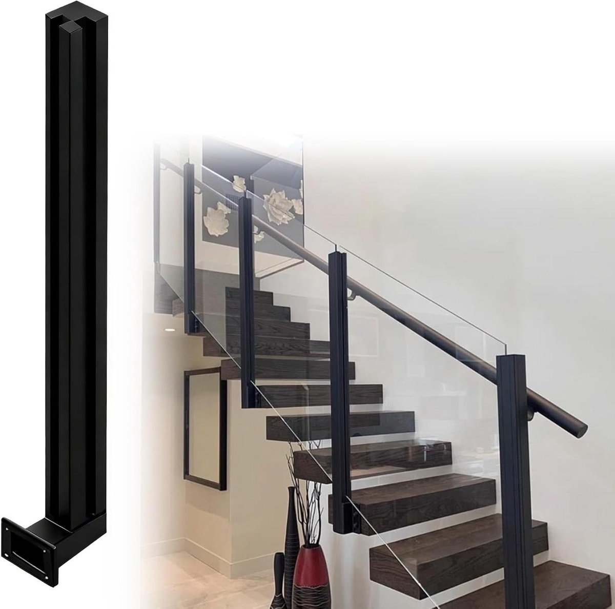 Glazen Balustrade Paal - Hekpaal Terras - Veiligheid Balkon - Zijmontage - 100 cm - Zwart