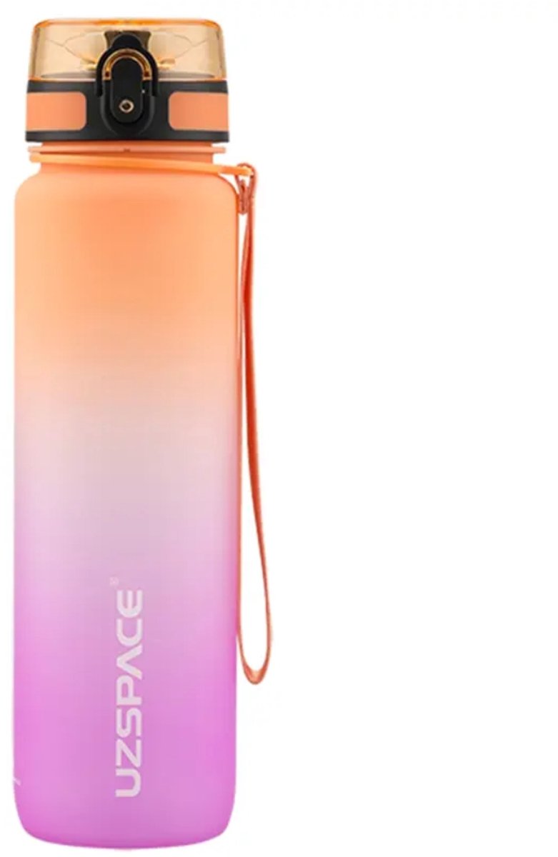 Drinkfles UZSPACE Waterfles -500 ml – BPA-Vrije Tritan Waterfles – 100% Lekvrij – Herbruikbare Sportfles met 1-Klik Deksel – Voor School, Sport & Kantoor – Oranje/Paars