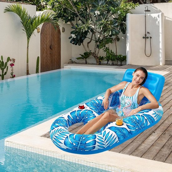 Zwembad Ligbed Float - Opblaasbaar Gaasbed Met Esdoornbladprint - met Bekerhouder Zwembadstoel Float - Voor Buiten Binnen Vijver En Meer Vakantie Zee Feest Zonnebaden — afbeelding 2